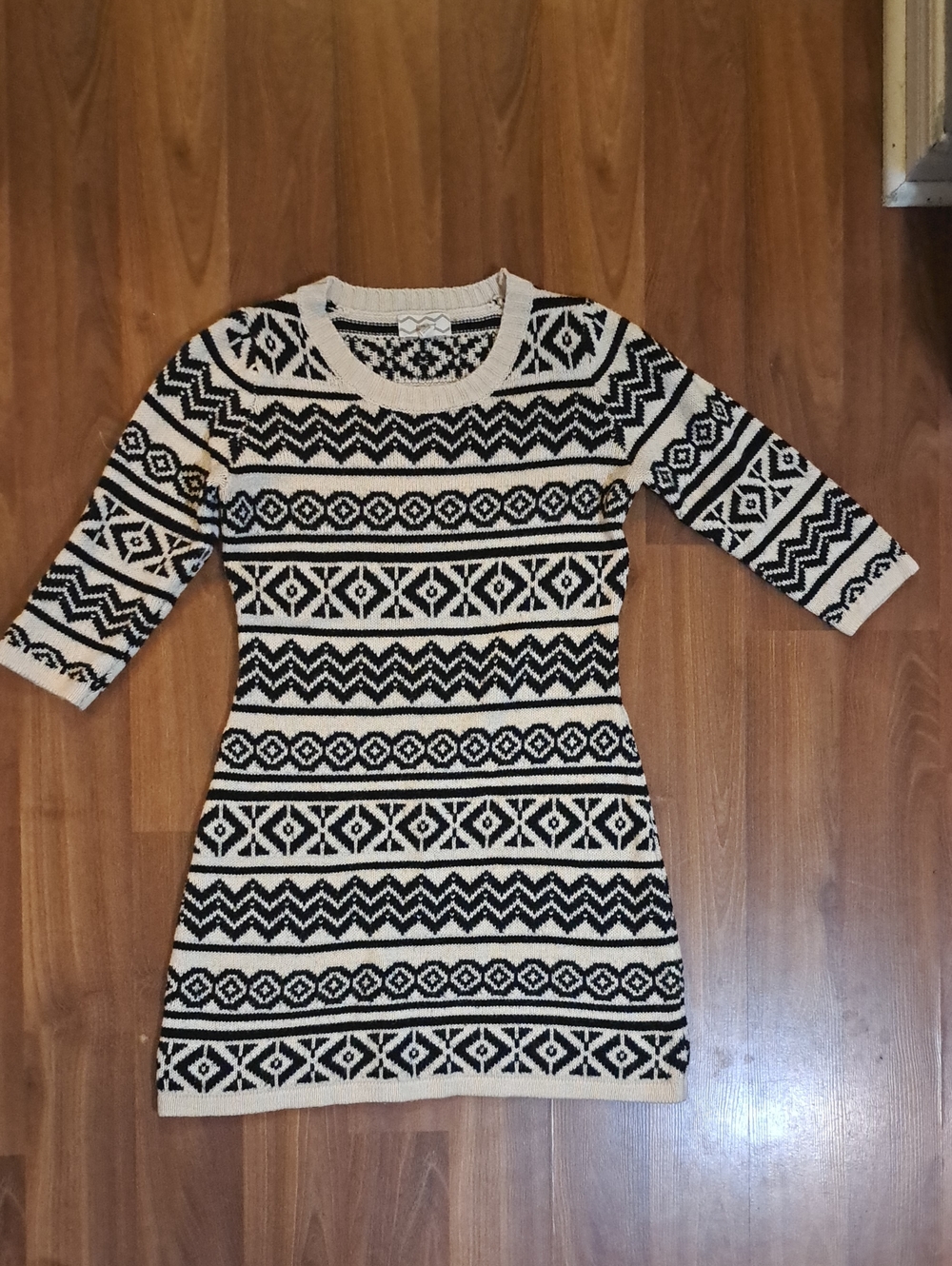 Pink Rose Black and Cream Long Sleeve Aztech Knit Dress